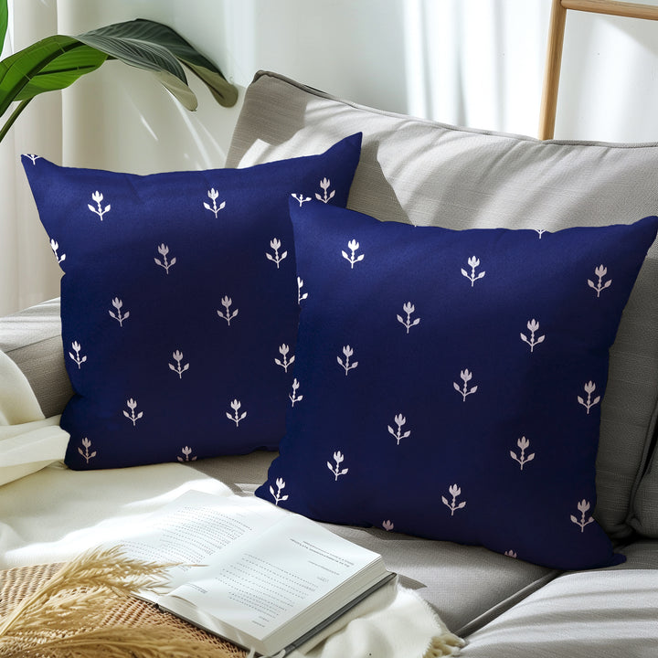 Polyester Blackout Buti Navy Blue Cushion Cover (Pack of 2)