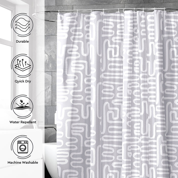 Polyester Maze Grey Combo Shower Curtain + Bathmat (Pack of 3)