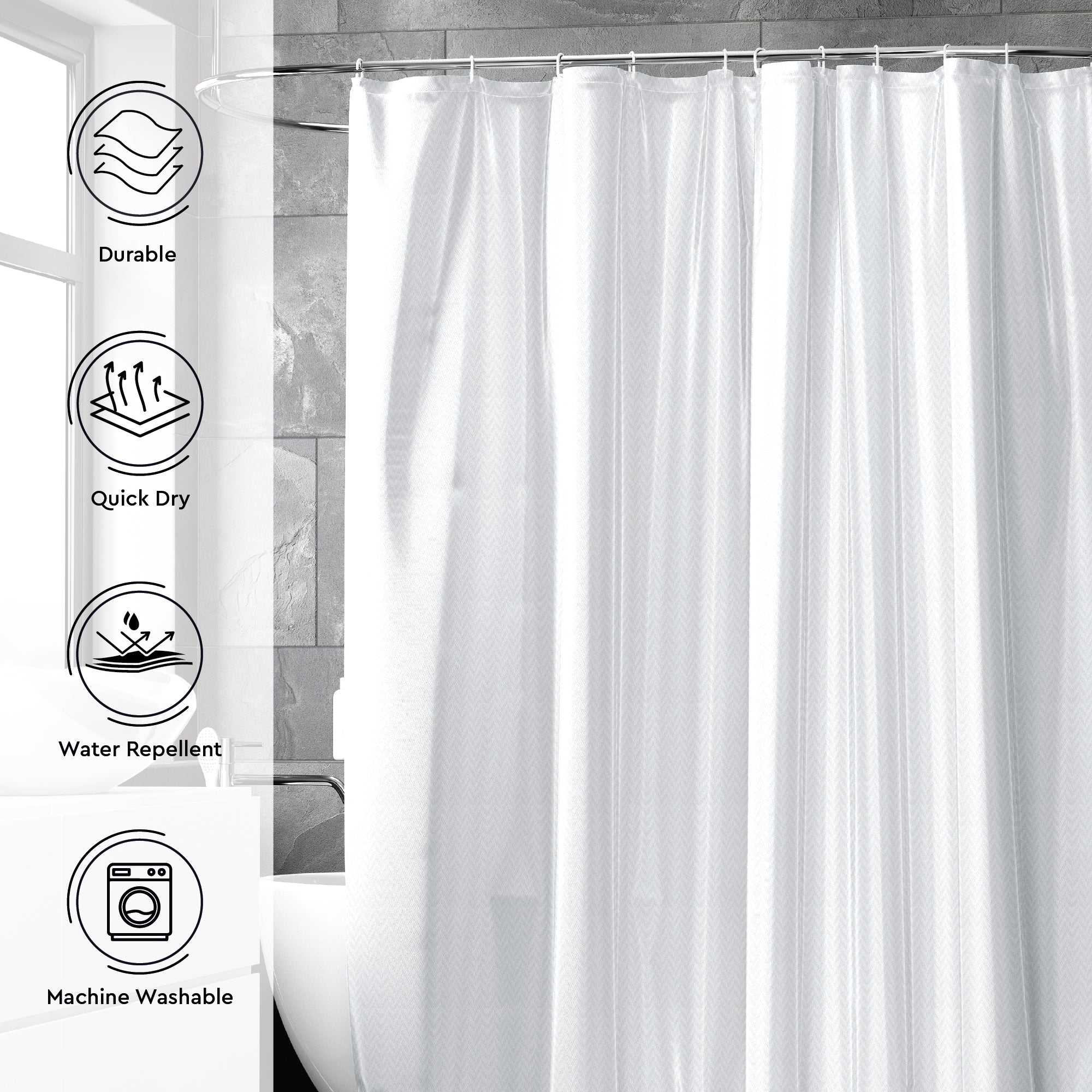 Polyester ZZ White Combo Shower Curtain + Bathmat (Pack of 3)