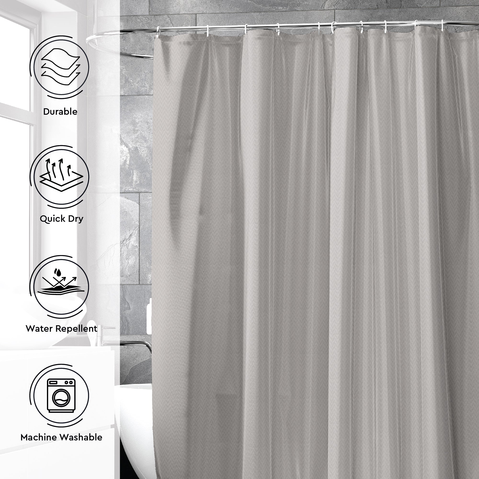 Polyester ZZ Light Grey Combo Shower Curtain + Bathmat (Pack of 3)