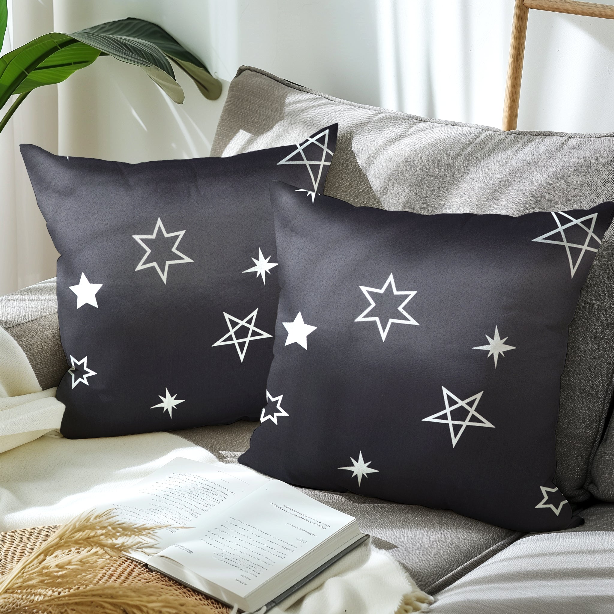 Blackout Polyester Star Grey Cushion Cover (Pack of 2)