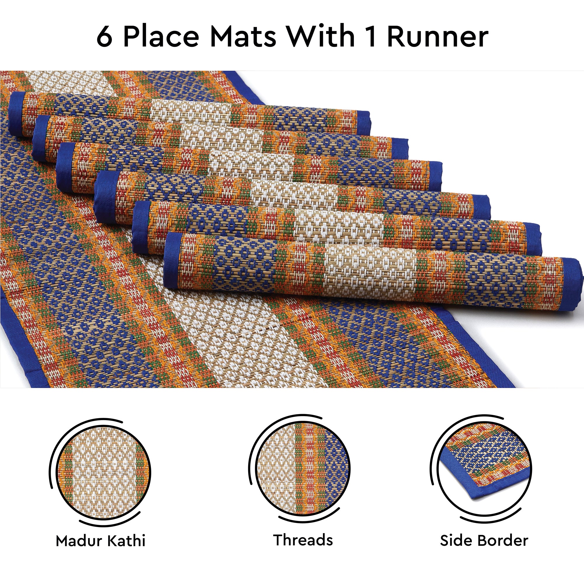 Madur Kathi Blue Table Runner+Placemat (Pack of 7)