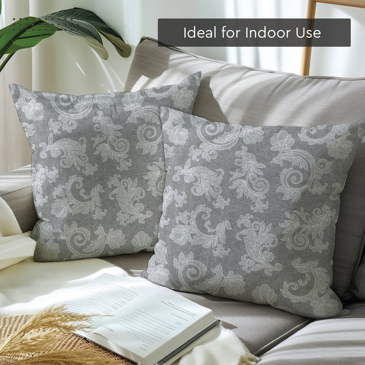 Chambray Cotton Floral Grey Cushion Cover (Pack of 2)