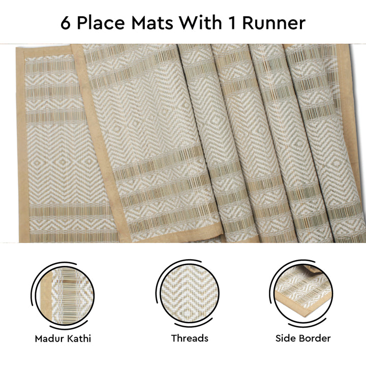 Madur Kathi Beige Table Runner+Placemat (Pack of 7)