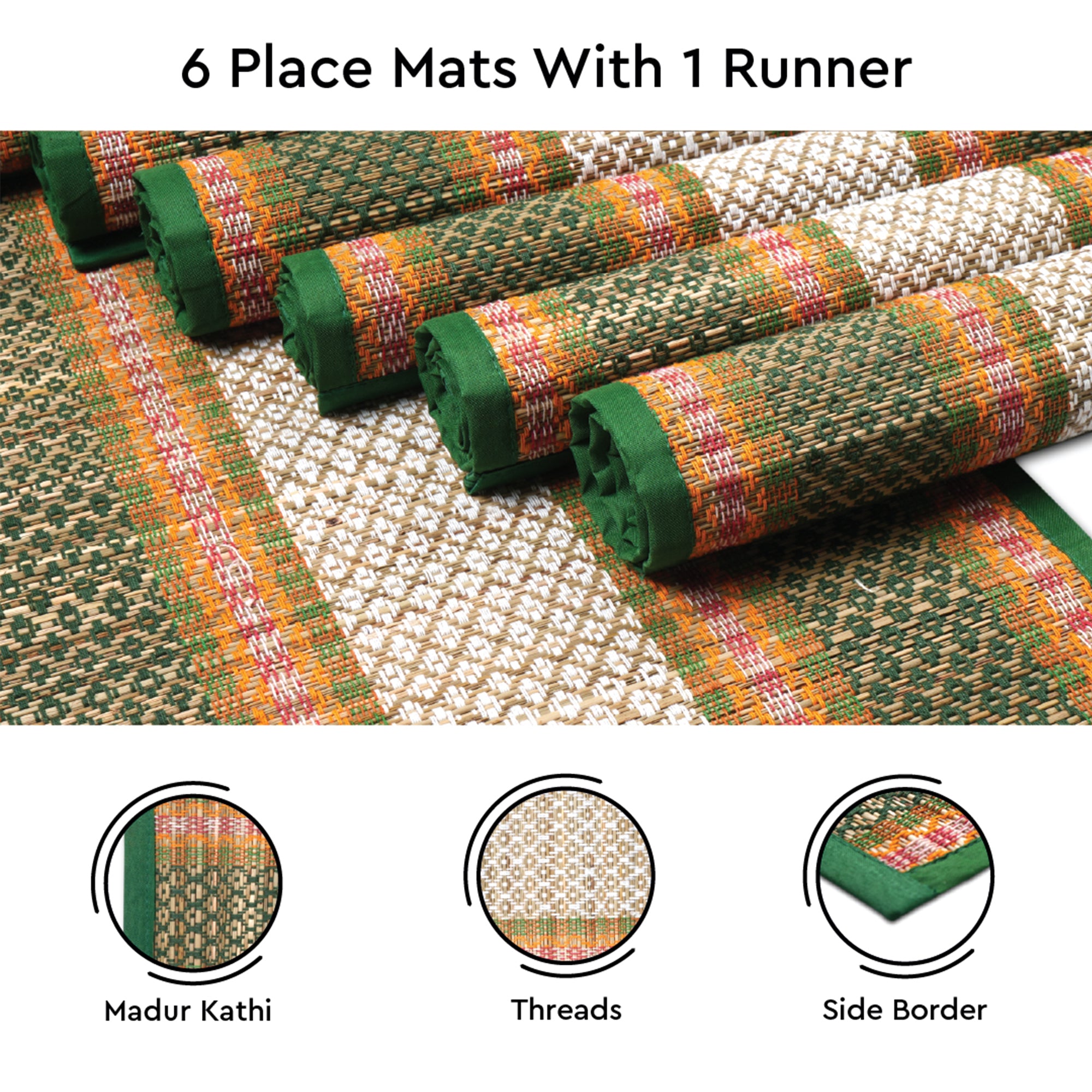 Madur Kathi Green Table Runner+Placemat (Pack of 7)