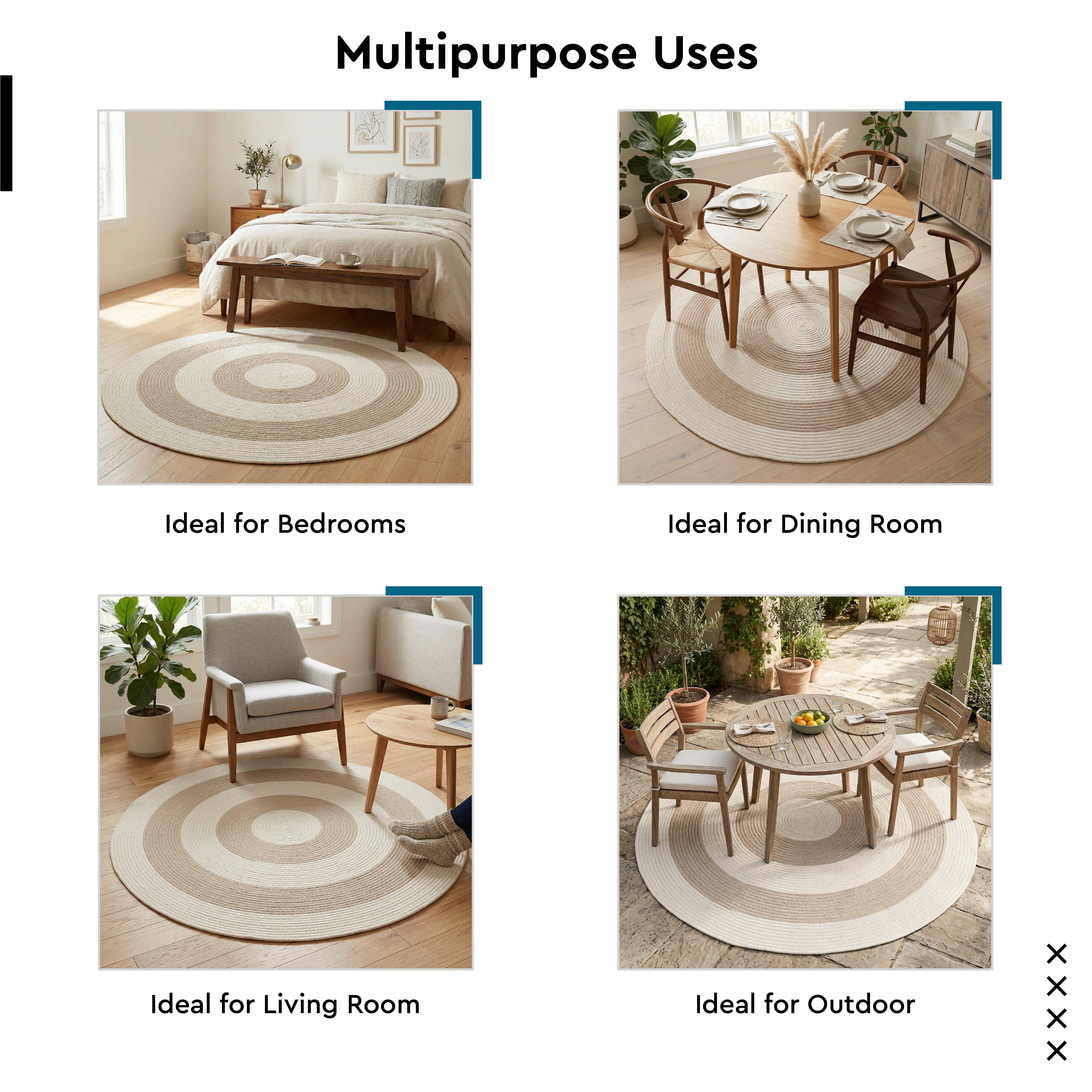 Reversible Round Rug Handwoven Natural Fiber Carpet Braided Area Rug | Neutral Boho Rug for Living Room, Bedroom, Nursery | Washable Area Rug Two Tone