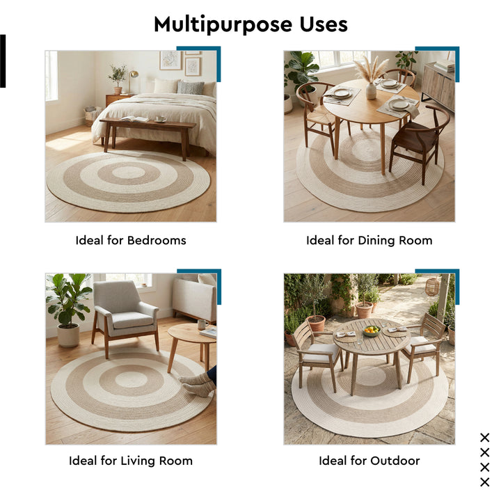 Reversible Round Rug Handwoven Natural Fiber Carpet Braided Area Rug | Neutral Boho Rug for Living Room, Bedroom, Nursery | Washable Area Rug Two Tone