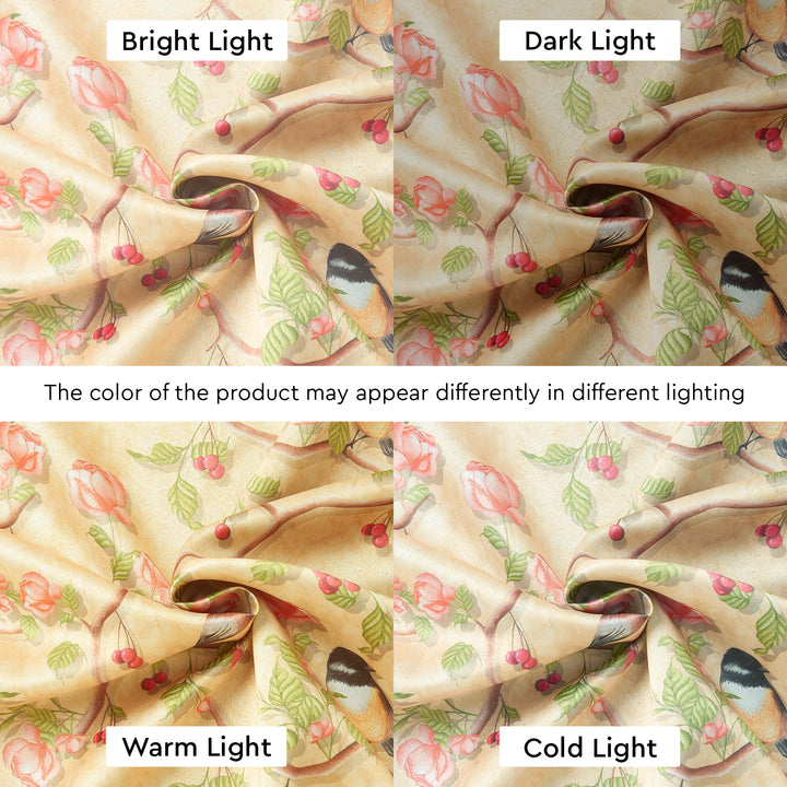 Blackout Polyester Pale Gold Birds Curtain (Pack of 2)