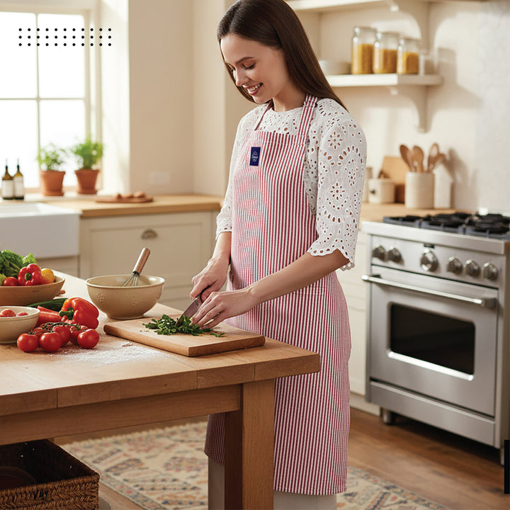 Cotton Ticking Red Apron + Oven Glove + Pot Holder (Pack of 3)