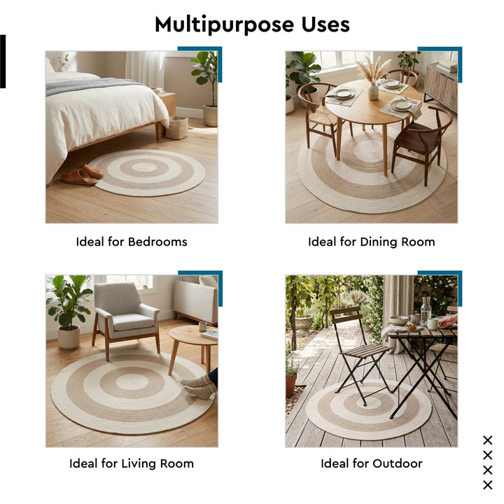 Reversible Round Rug Handwoven Natural Fiber Carpet Braided Area Rug | Neutral Boho Rug for Living Room, Bedroom, Nursery | Washable Area Rug Two Tone