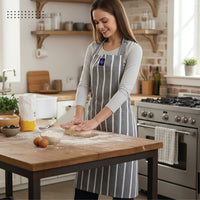 Cotton Roma Grey Stripes Apron + Oven Glove + Pot Holder (Pack of 3)