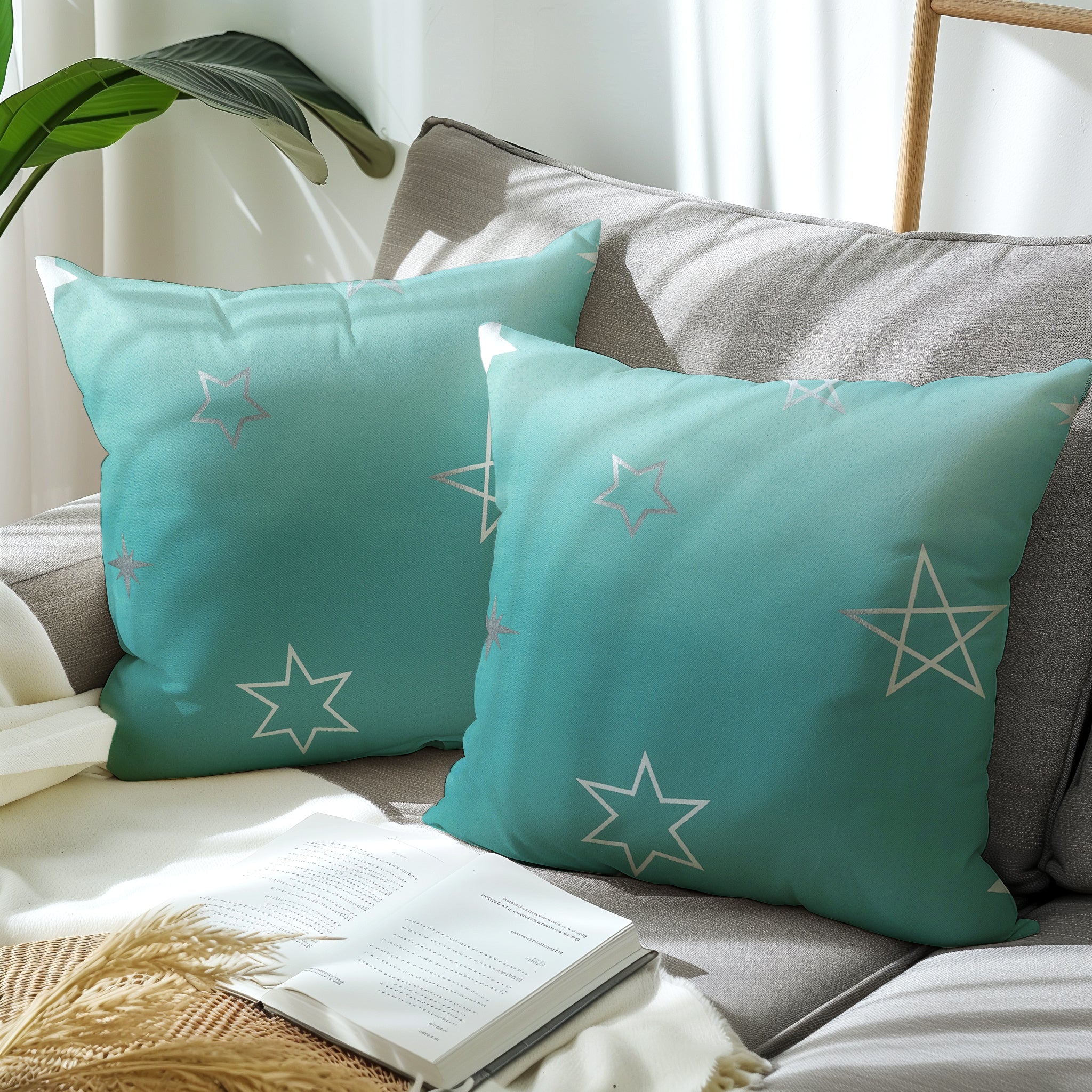 Polyester Blackout Star Teal Cushion Cover (Pack of 2)