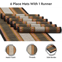 Madur Kathi Black Table Runner+Placemat (Pack of 7)