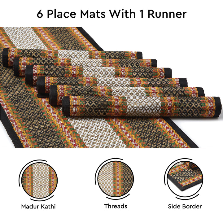 Madur Kathi Black Table Runner+Placemat (Pack of 7)