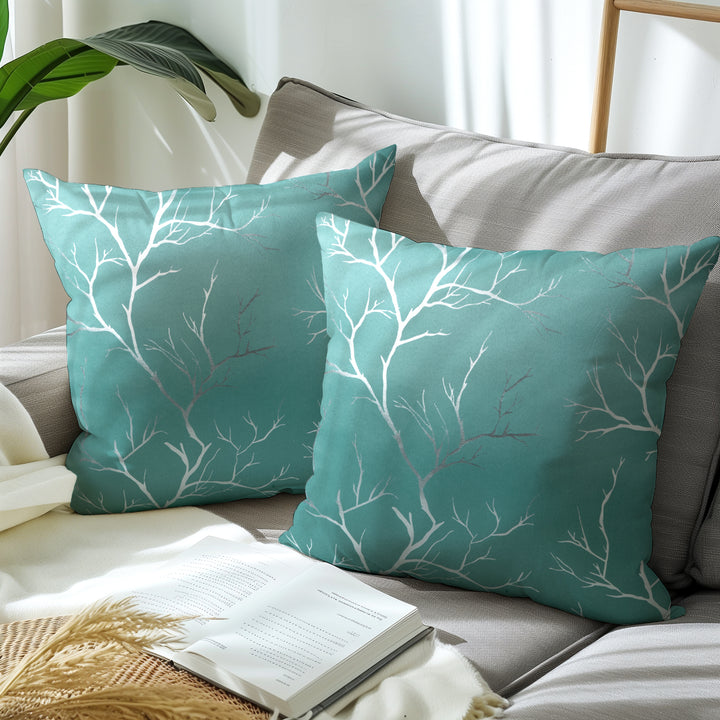 Blackout Polyester Twigs Teal Cushion Cover (Pack of 2)
