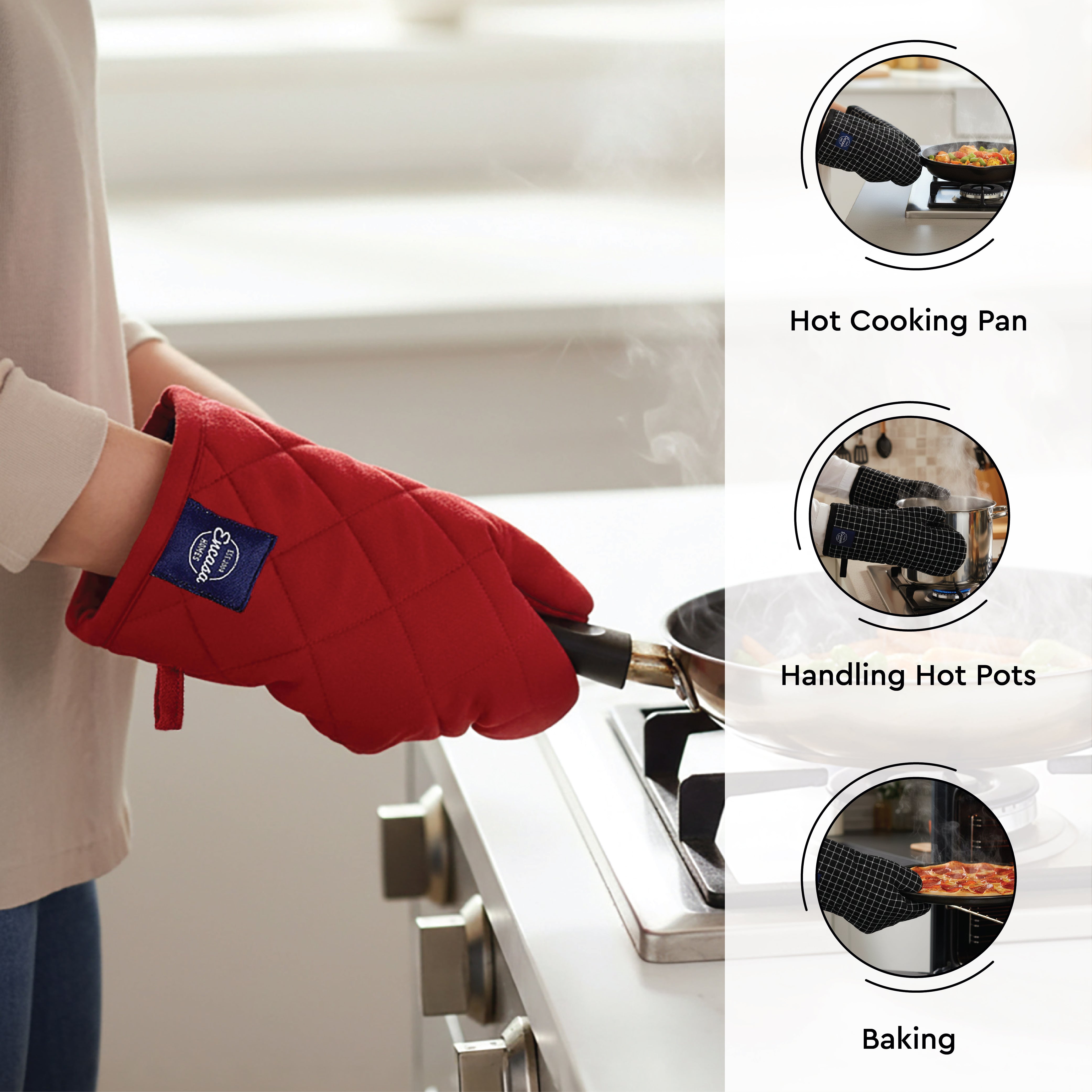 Cotton Red Apron + Oven Glove + Pot Holder (Pack of 3)