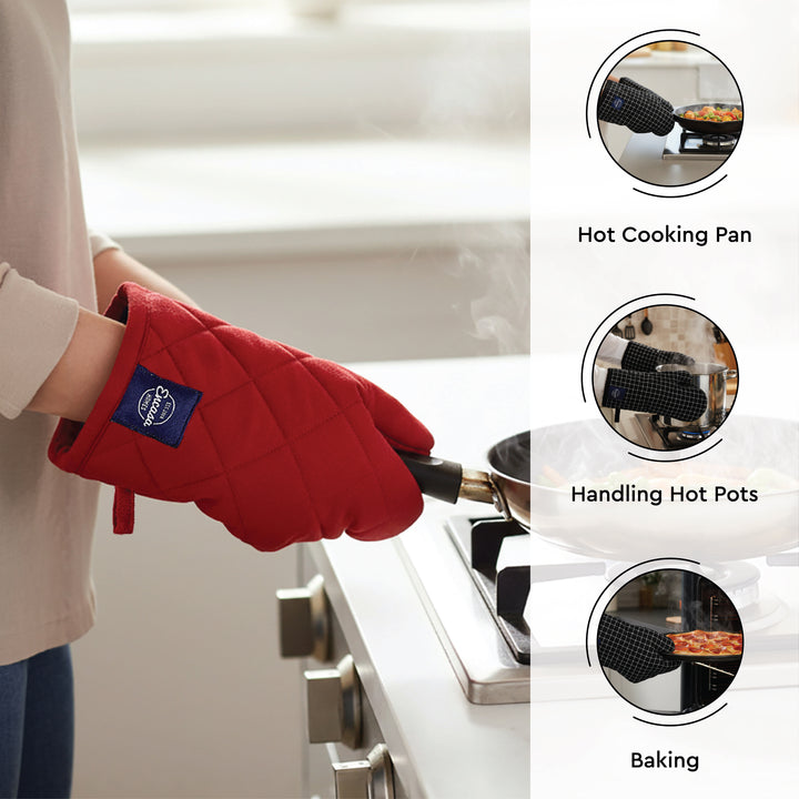 Cotton Red Apron + Oven Glove + Pot Holder (Pack of 3)