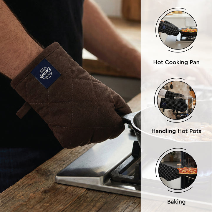 Cotton Dark Taupe & Beige Apron + Oven Glove + Pot Holder (Pack of 3)