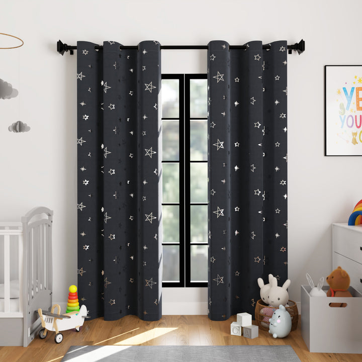 Blackout Polyester Fabric by Meter, 100x122 cm | Blocks Light, Heat & Noise, For Curtains, Cushion Covers, Door & Window Drapes - Foil Star Print