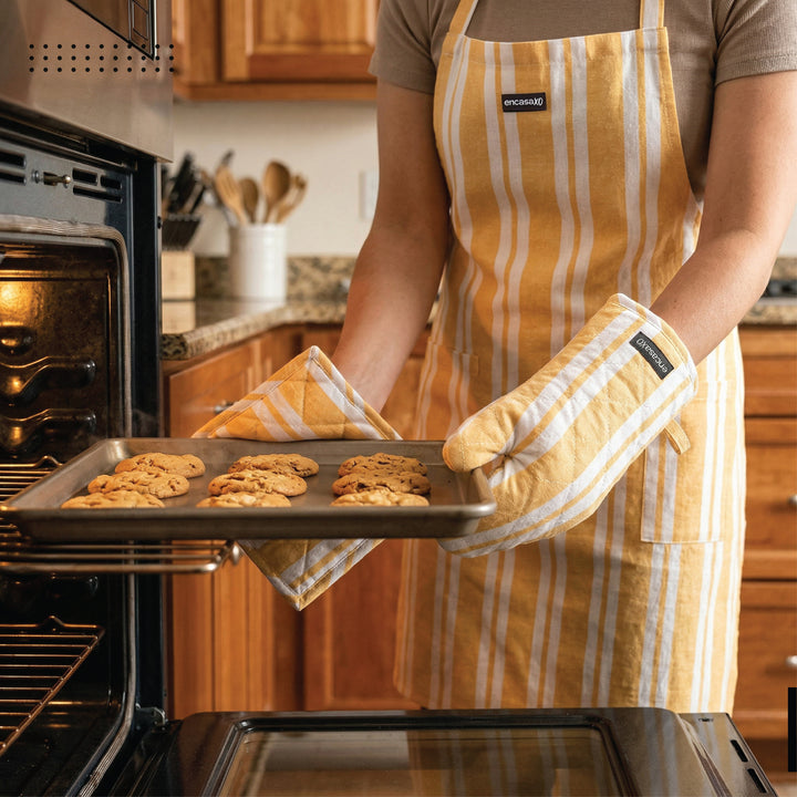 Cotton Franca Yellow Stripes Apron + Oven Glove + Pot Holder (Pack of 3)