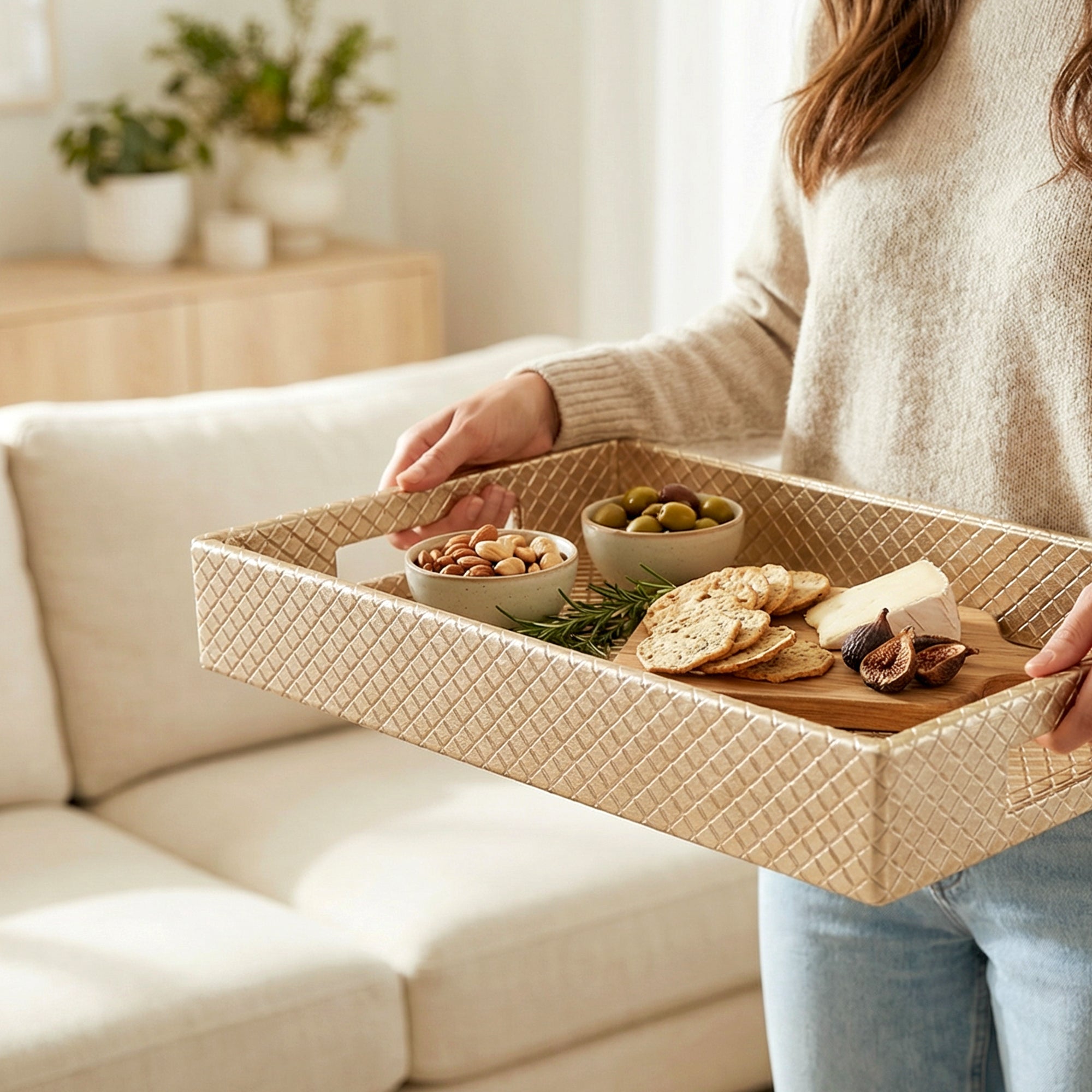 Leather Light Gold Leather Serving Tray Combo