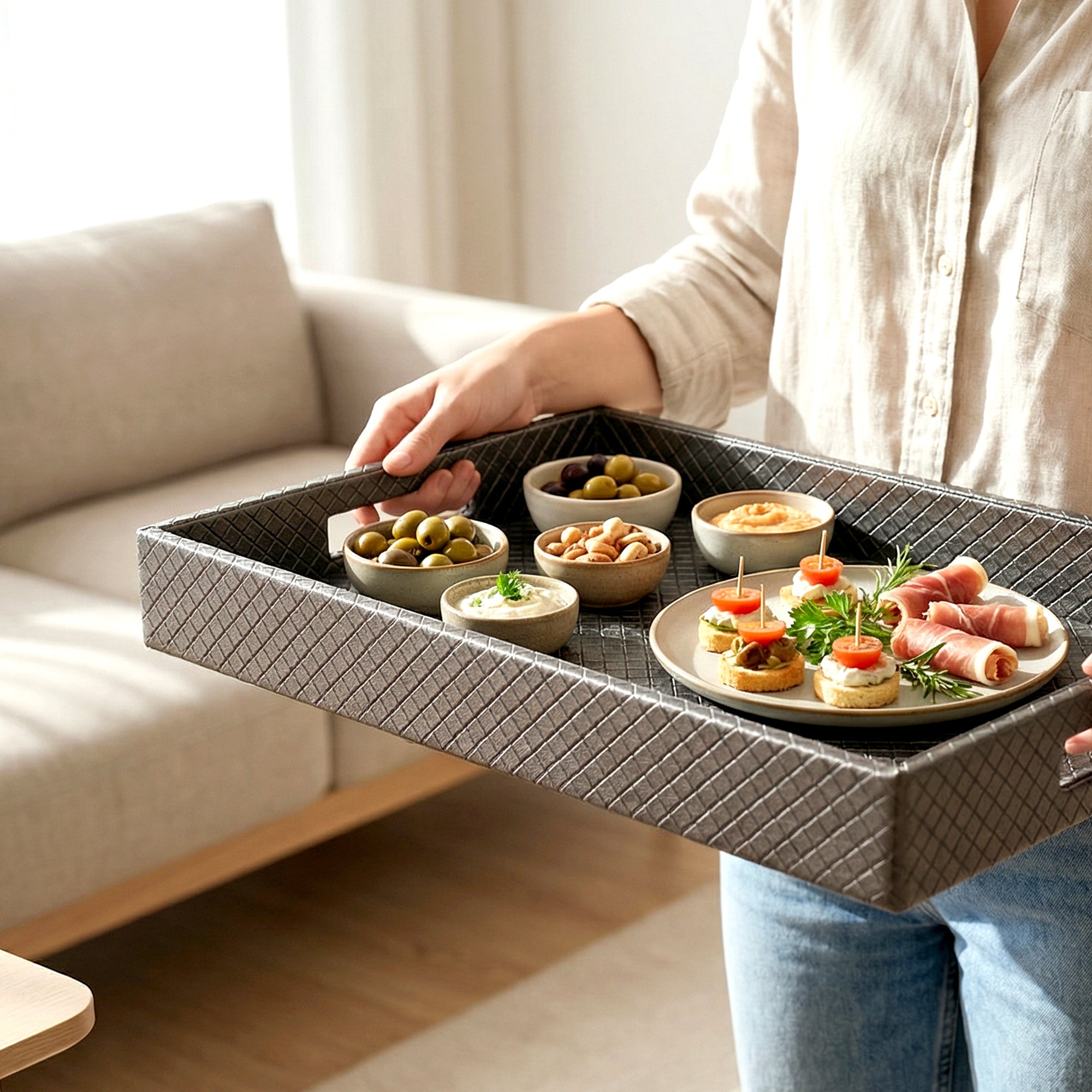 Leather Grey Leather Serving Tray Combo