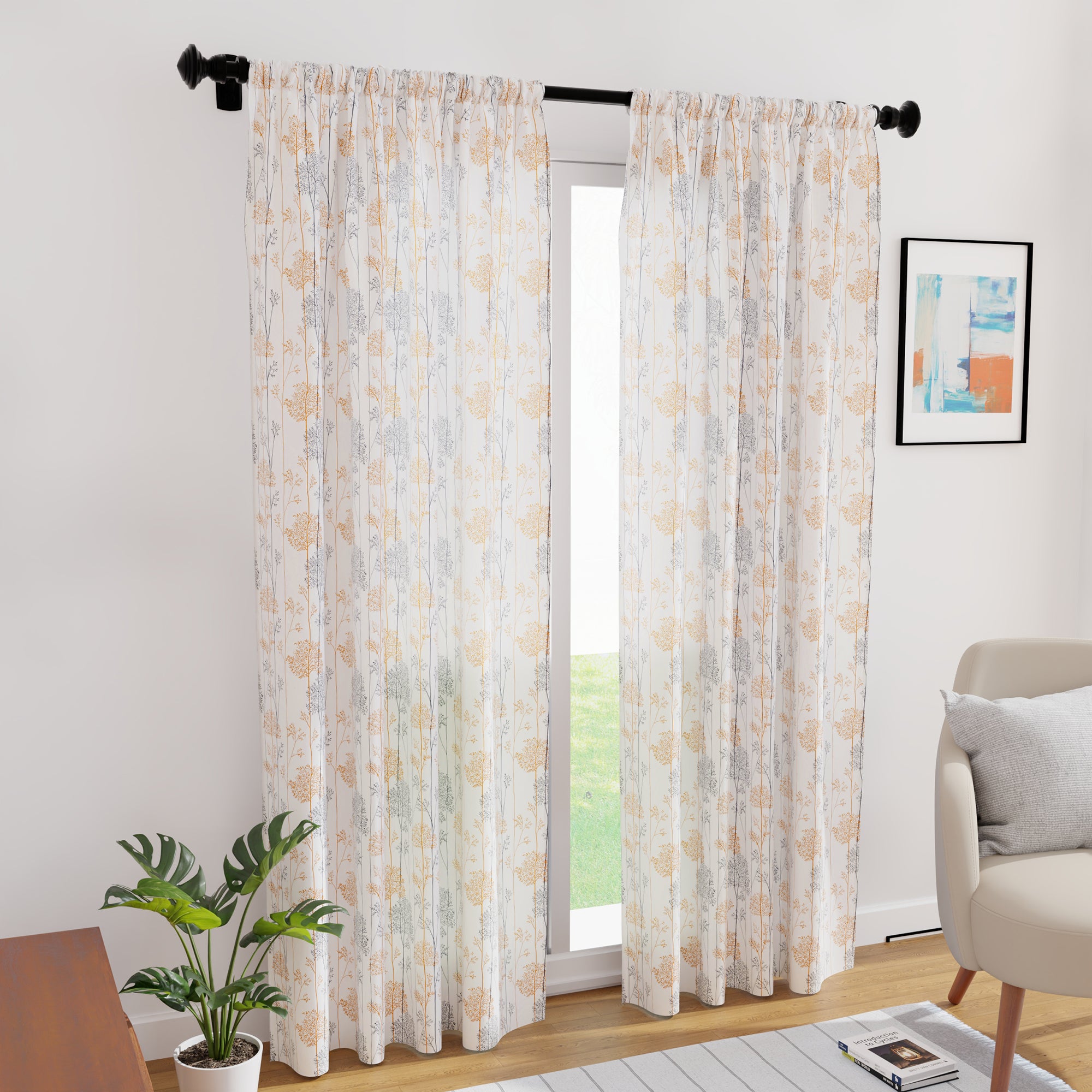 Polyester Branches Orange Curtain (Pack of 2)