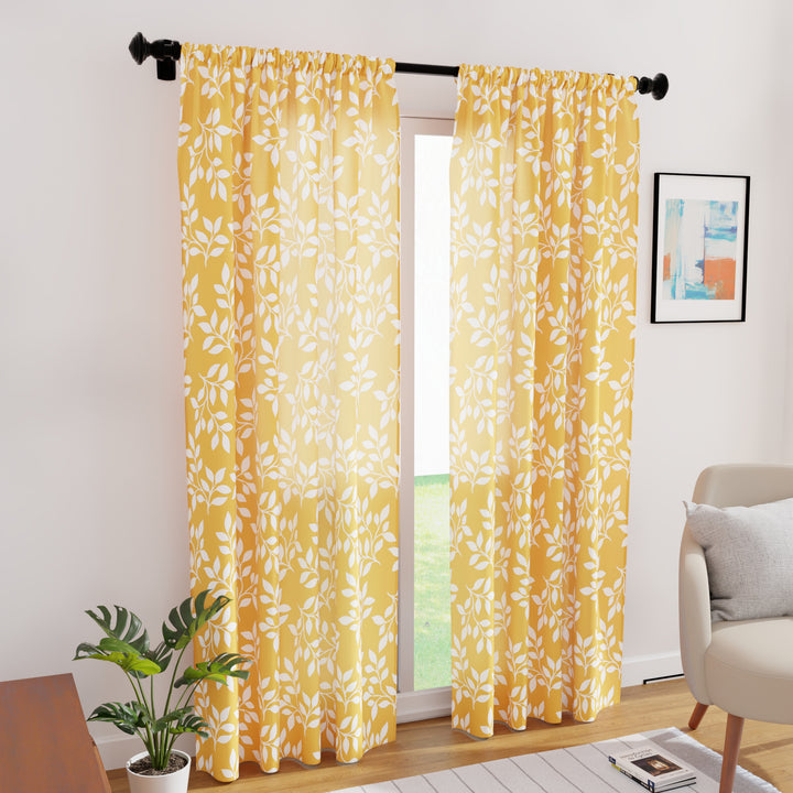 Polyester Reverse Leaf Yellow Curtain (Pack of 2)