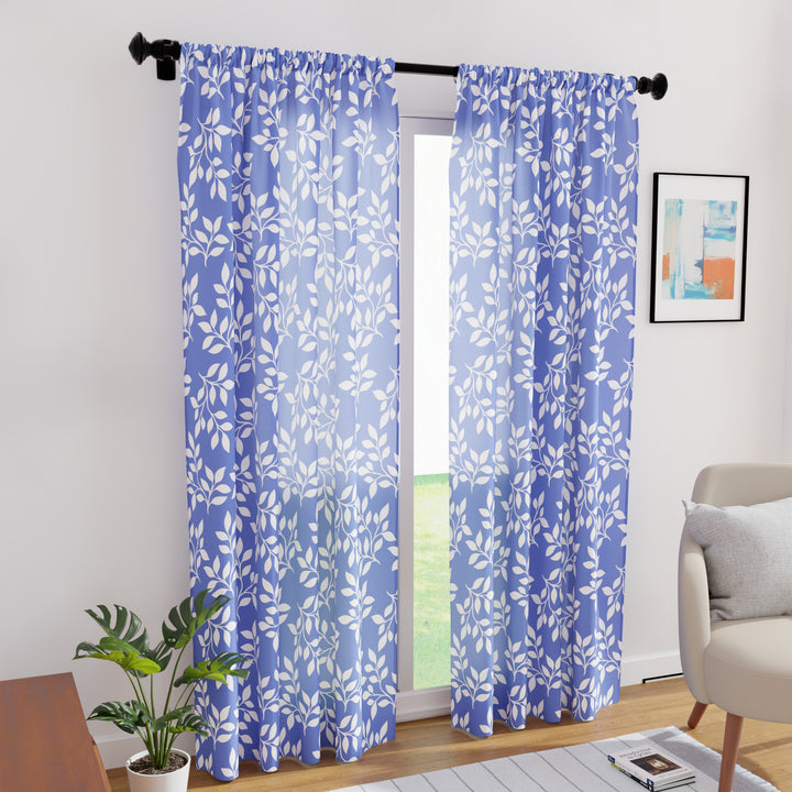 Polyester Reverse Leaf Blue Curtain (Pack of 2)
