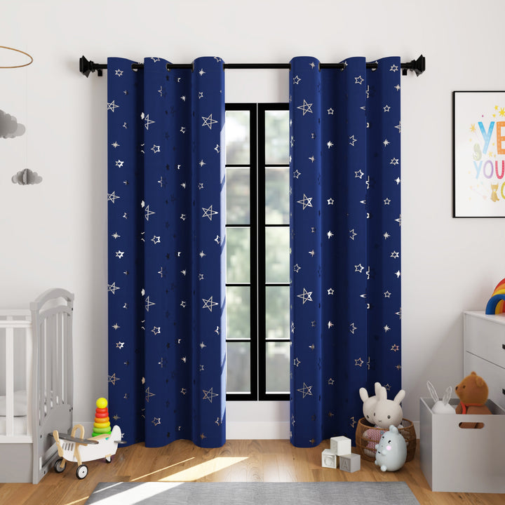 Blackout Polyester Fabric by Meter, 100x122 cm | Blocks Light, Heat & Noise, For Curtains, Cushion Covers, Door & Window Drapes - Foil Star Print