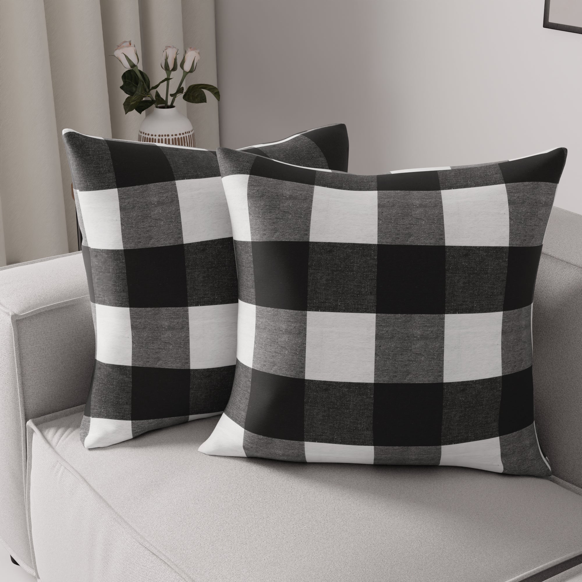 Cotton Buffalo Black Checks Cushion Cover (Pack of 2)