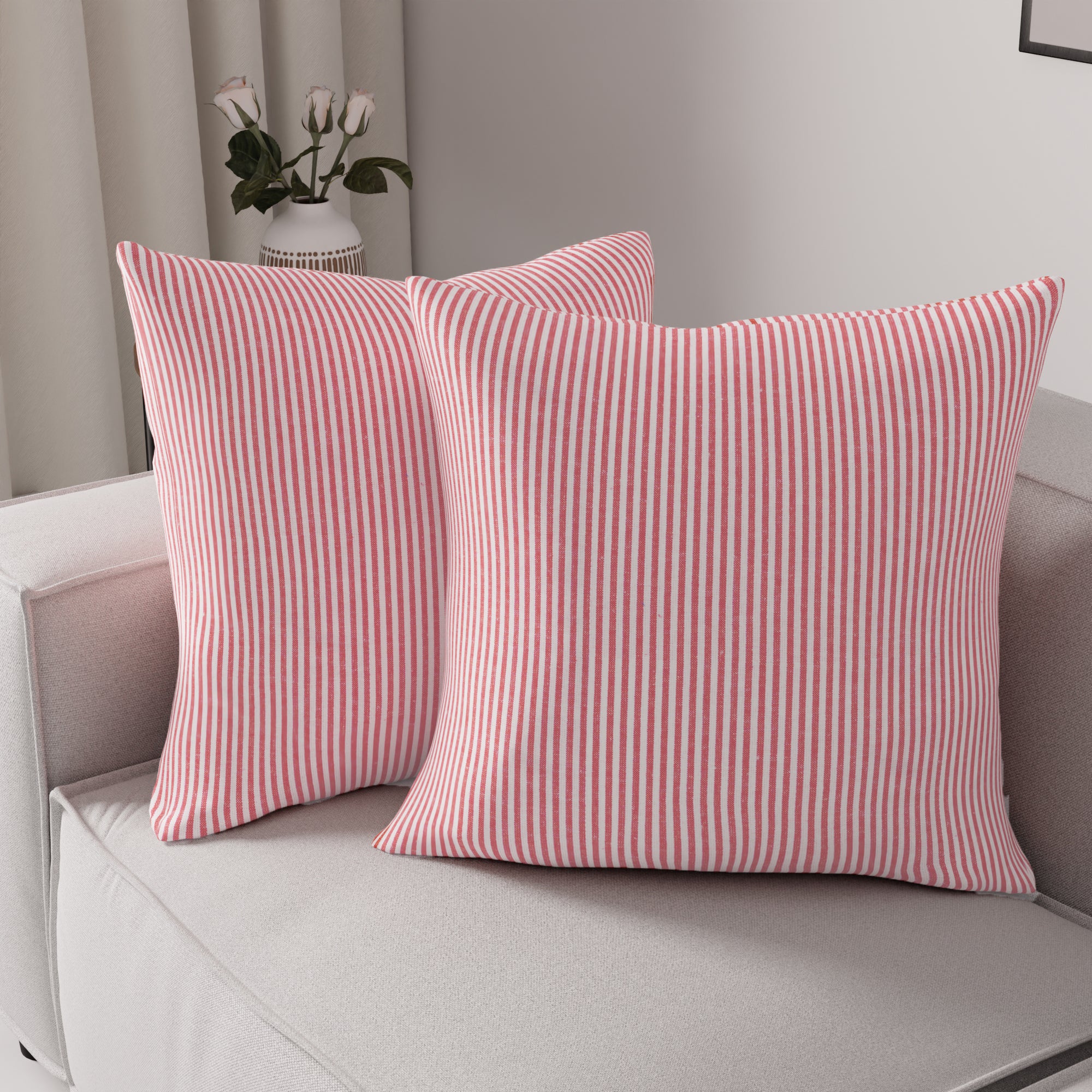 Cotton Ticking Red Cushion Cover (Pack of 2)