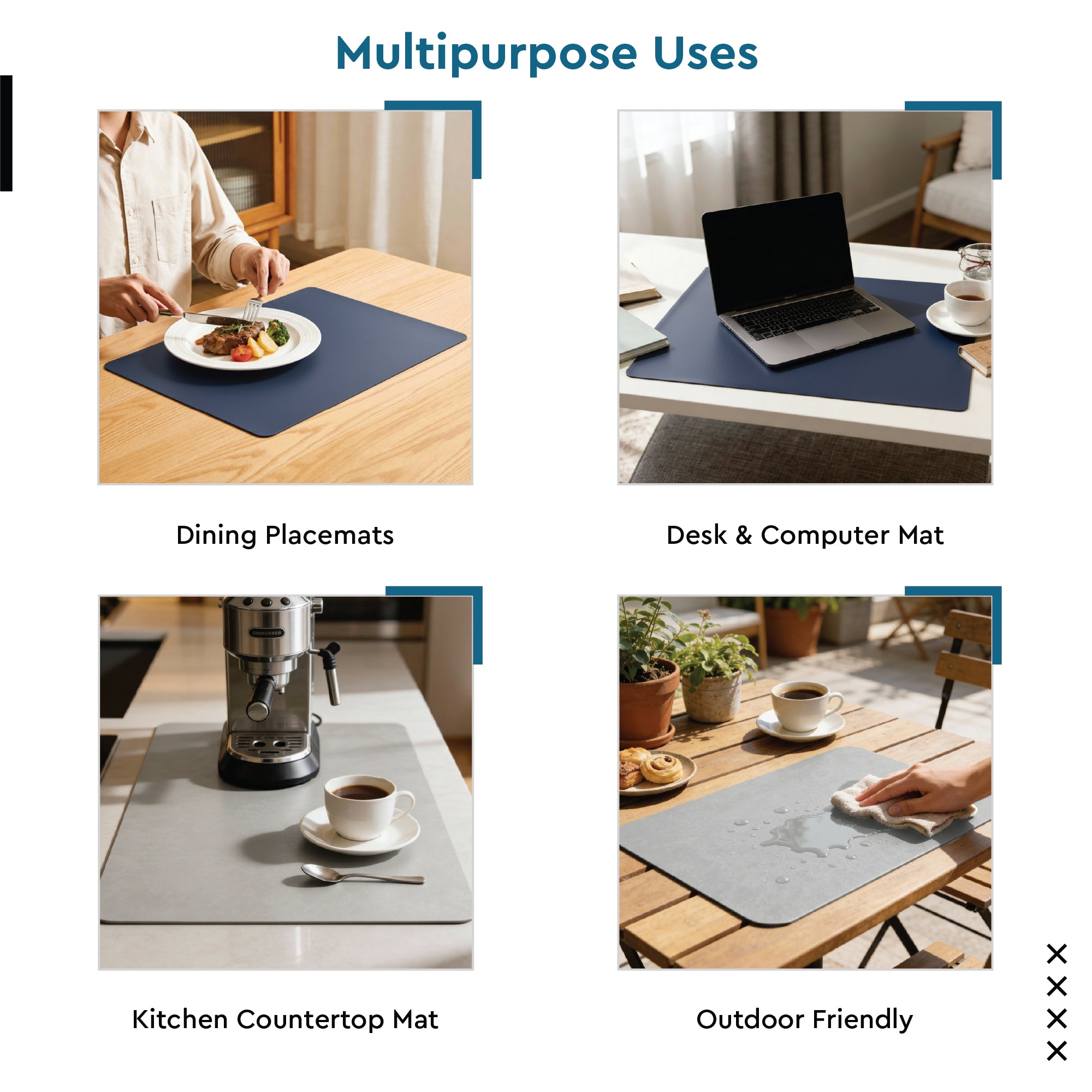 2 Sided Leather Grey & Blue Placemat + Coaster
