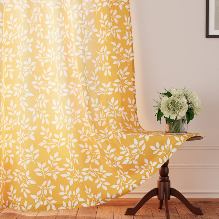 Polyester Reverse Leaf Yellow Curtain (Pack of 2)
