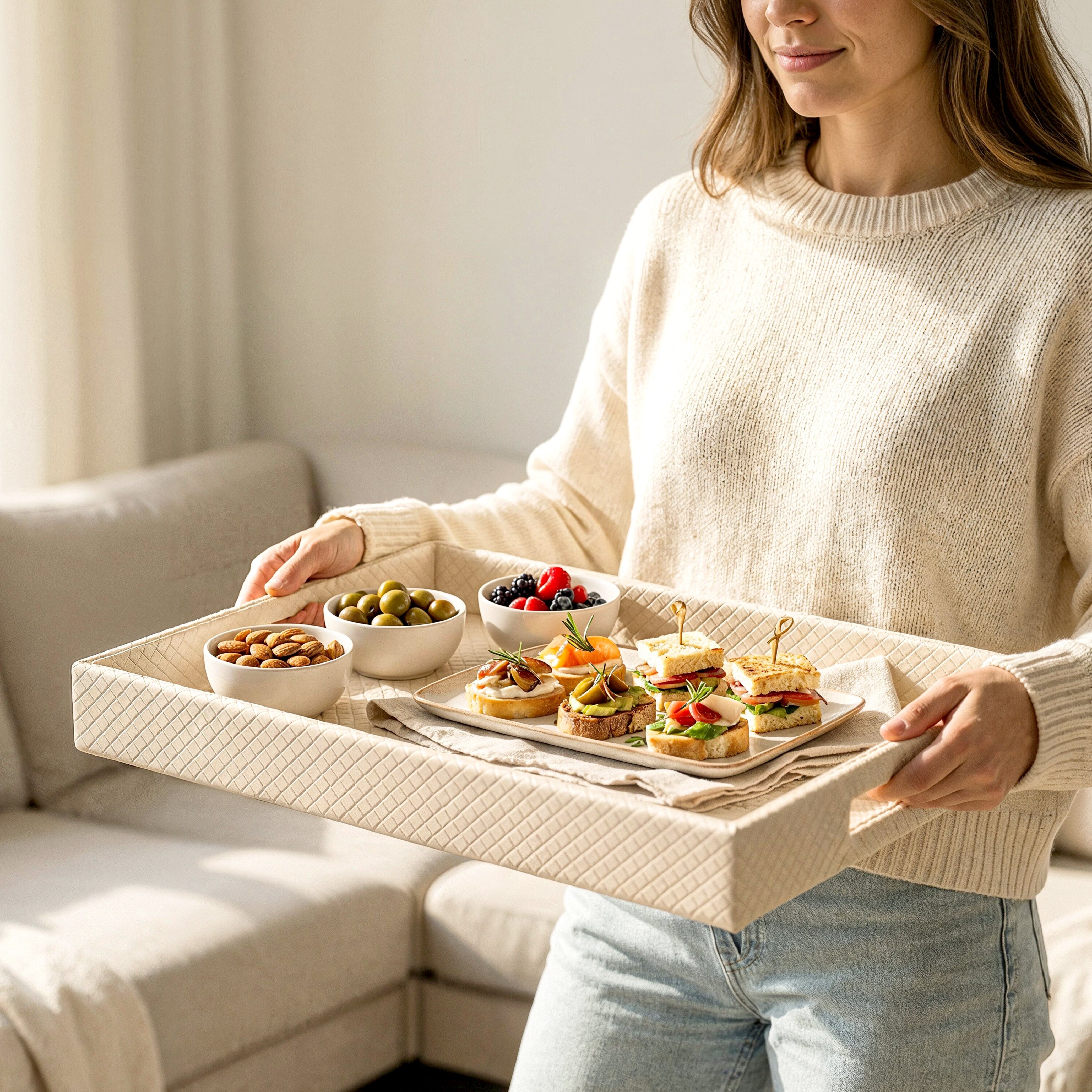 Leather Cream Leather Serving Tray Combo