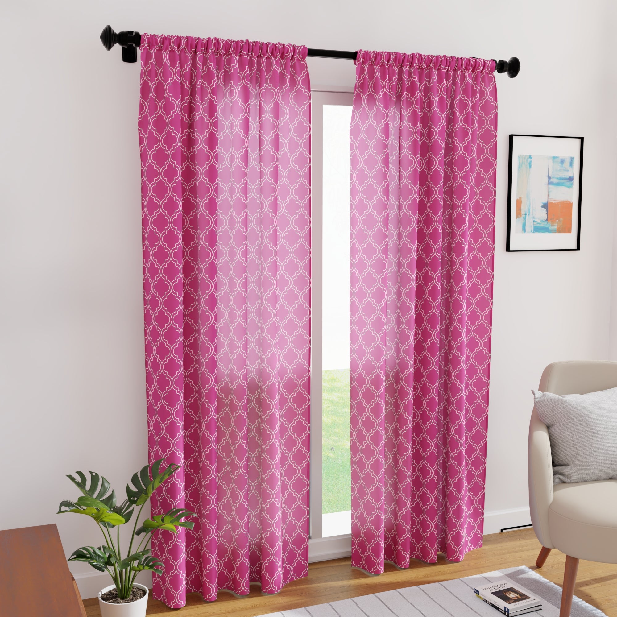Polyester Trellis Hot Pink Curtain (Pack of 2)