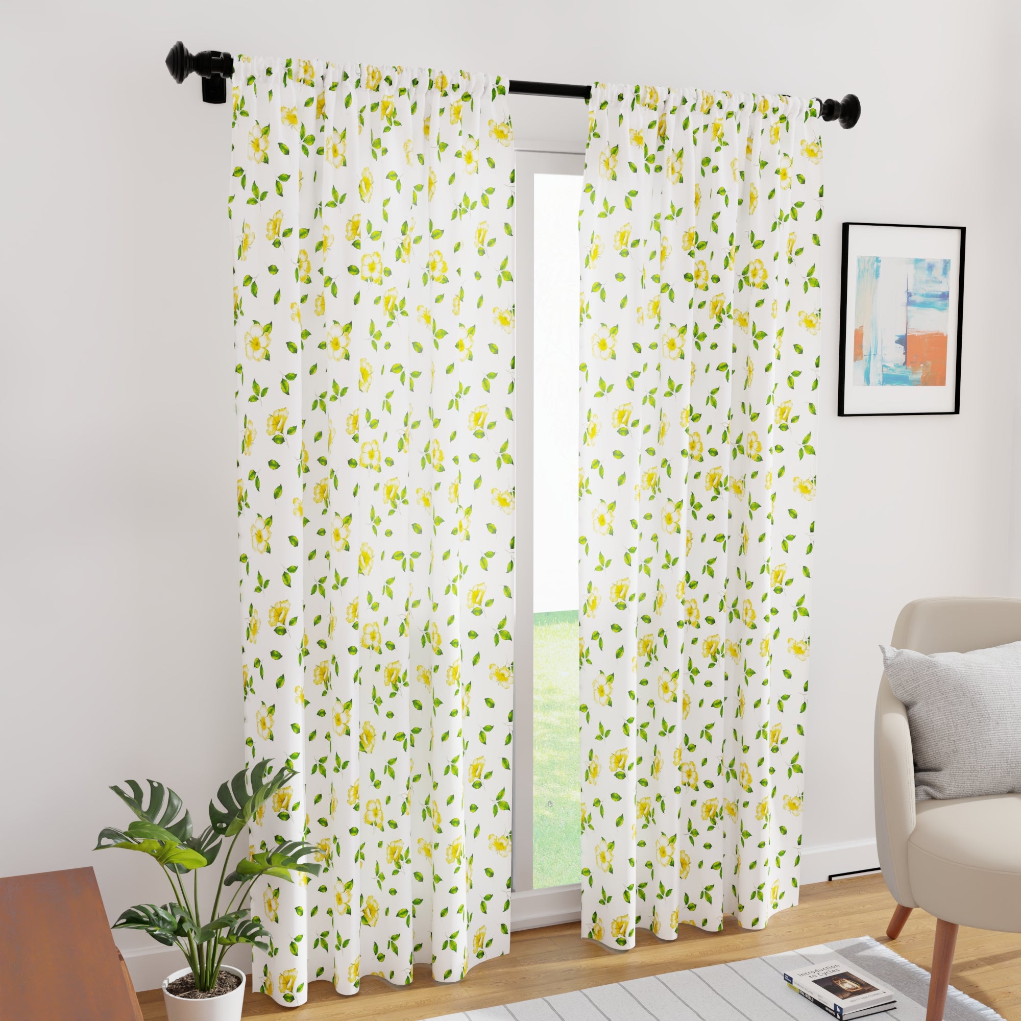 Polyester Hibiscus Yellow Curtain (Pack of 2)
