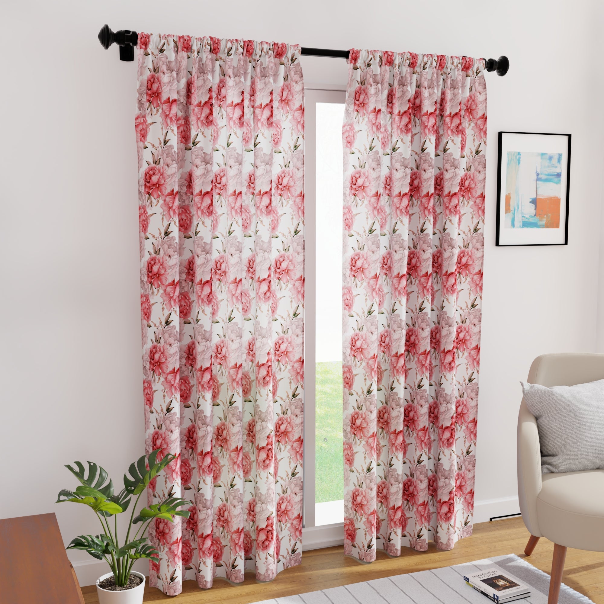 Polyester Peonies Curtain (Pack of 2)