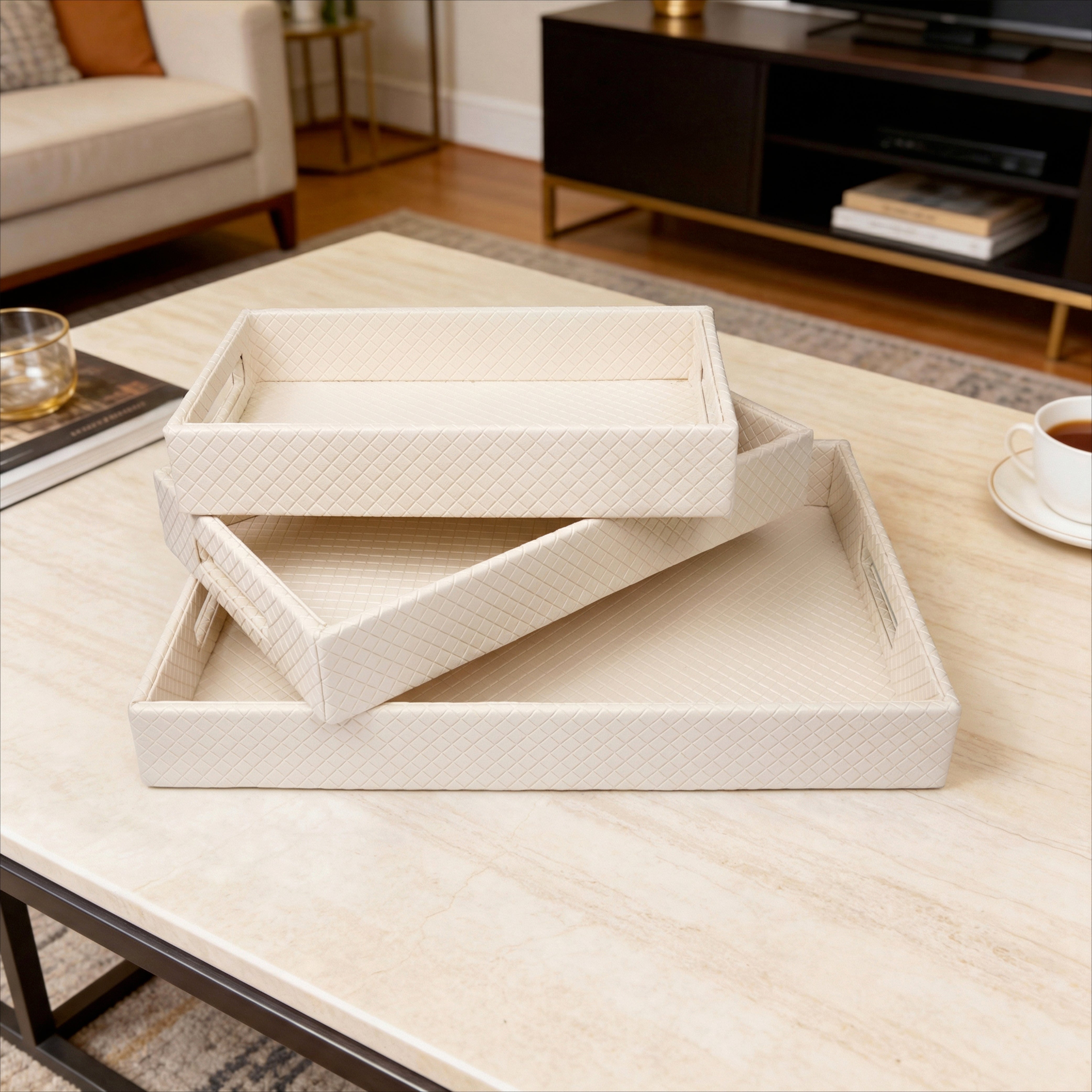 Leather Cream Leather Serving Tray Combo