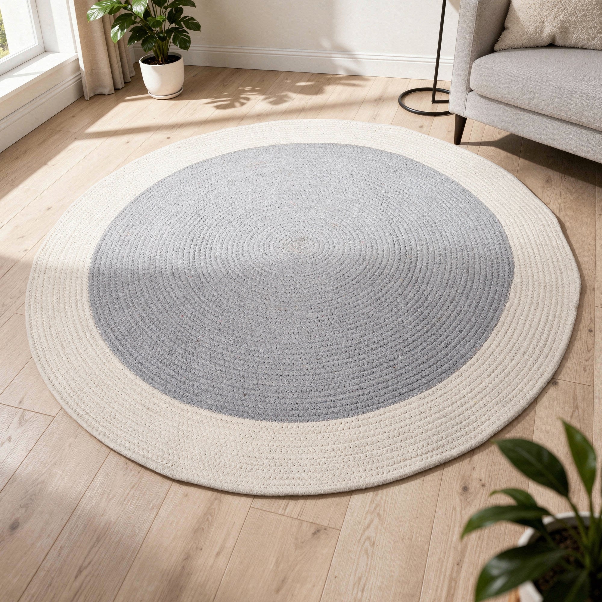 Reversible Round Rug Handwoven Natural Fiber Carpet Braided Area Rug | Neutral Boho Rug for Living Room, Bedroom, Nursery | Washable Area Rug Two Tone