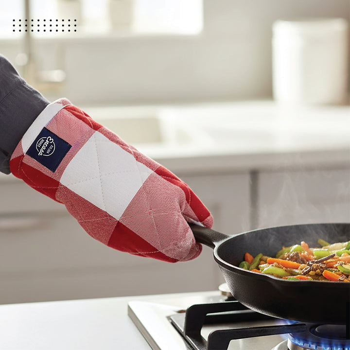 Cotton Buffalo Red Checks Apron + Oven Glove + Pot Holder (Pack of 3)