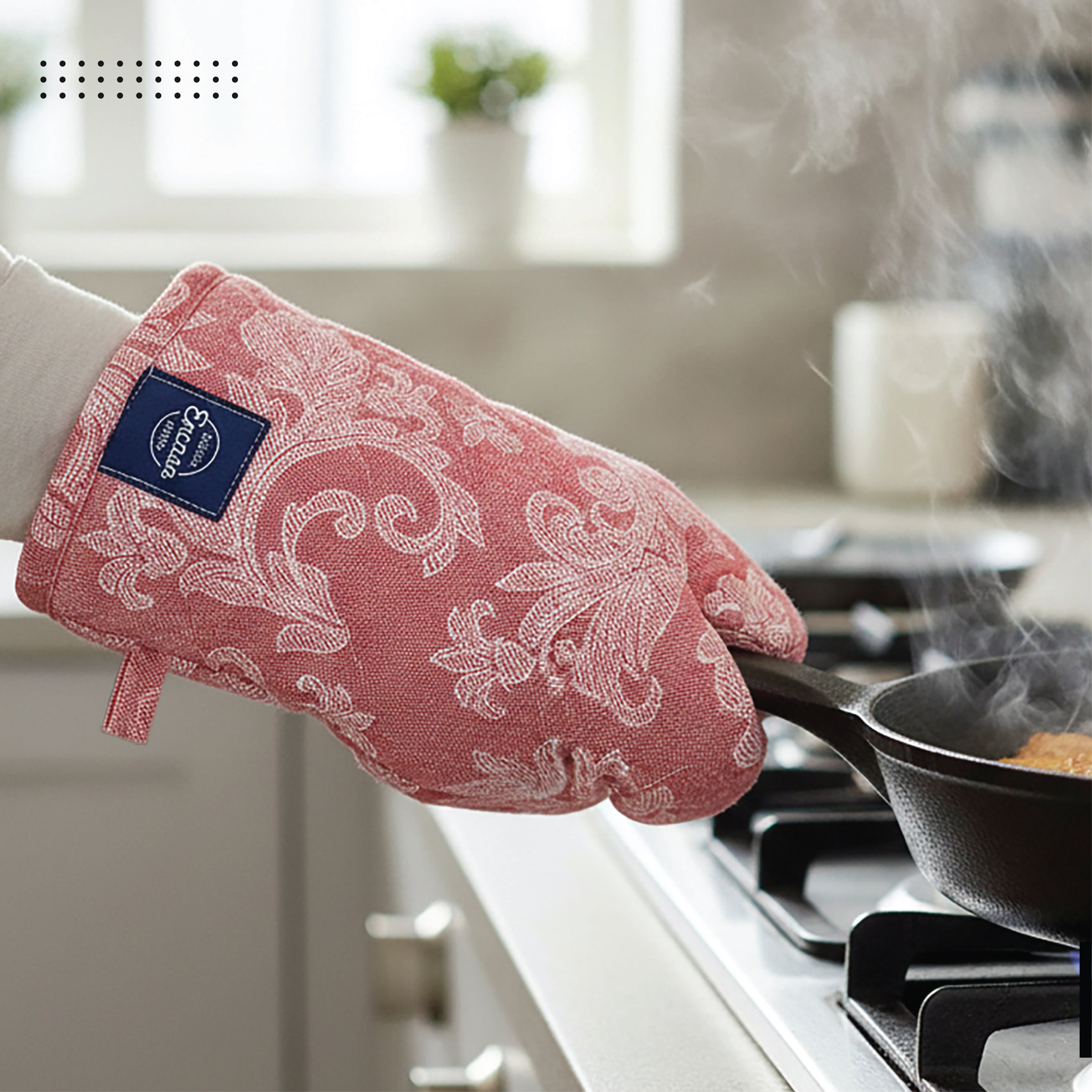 Cotton Floral Red Apron + Oven Glove + Pot Holder (Pack of 3)