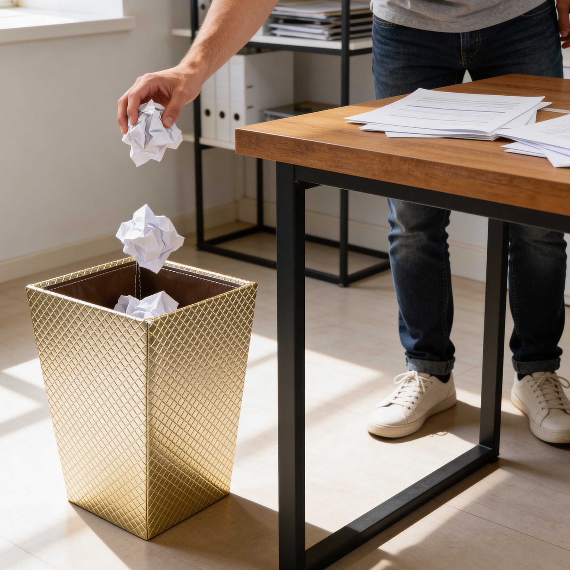 Faux Leather Light Gold Leather Dustbin