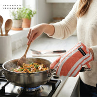 Cotton Franca Orange Stripes Apron + Oven Glove + Pot Holder (Pack of 3)
