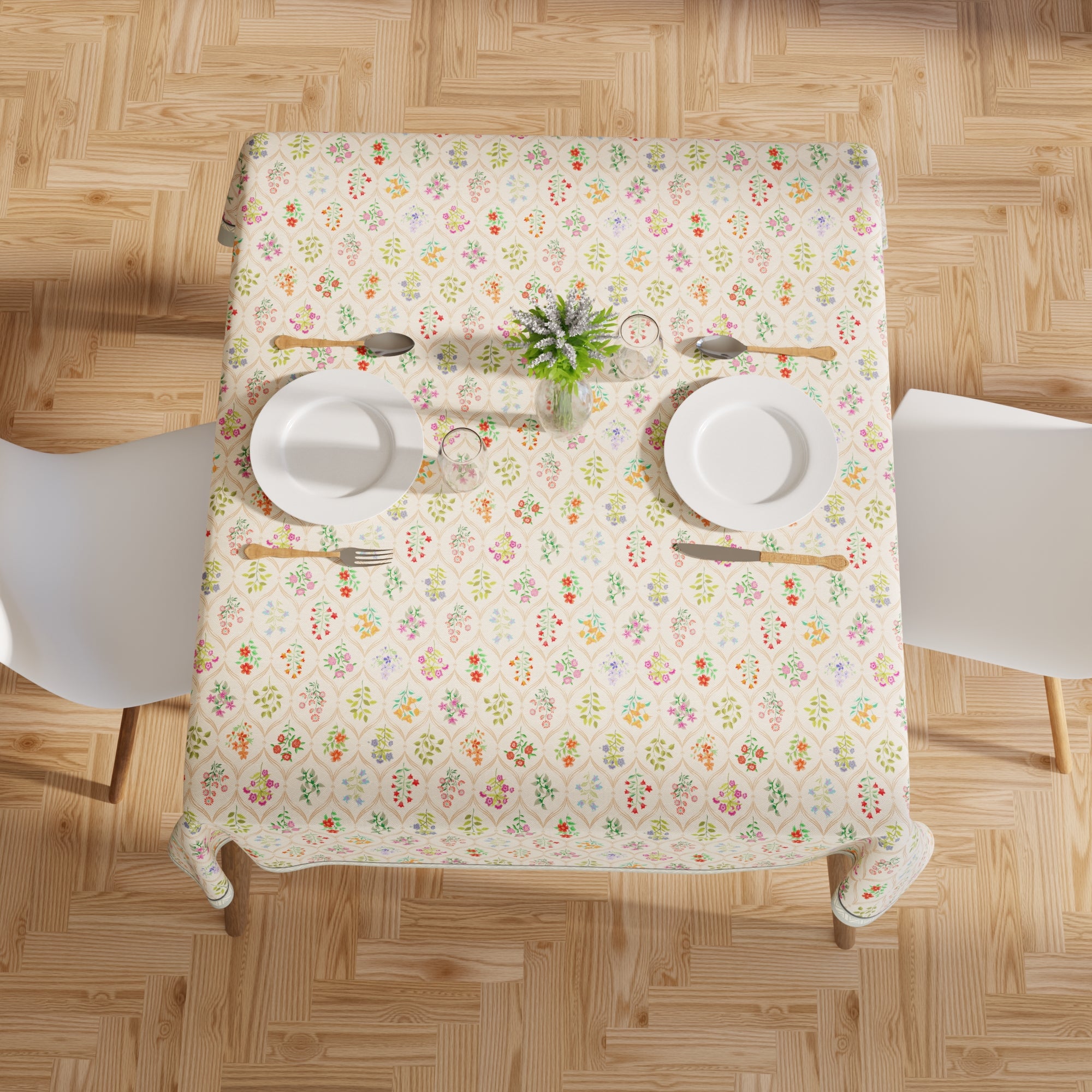 Polyester French Beige Printed Table Cloth (Pack of 1)