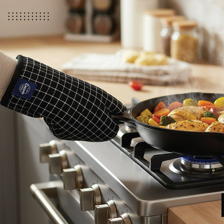 Cotton Butcher Checks Black Apron + Oven Glove + Pot Holder (Pack of 3)