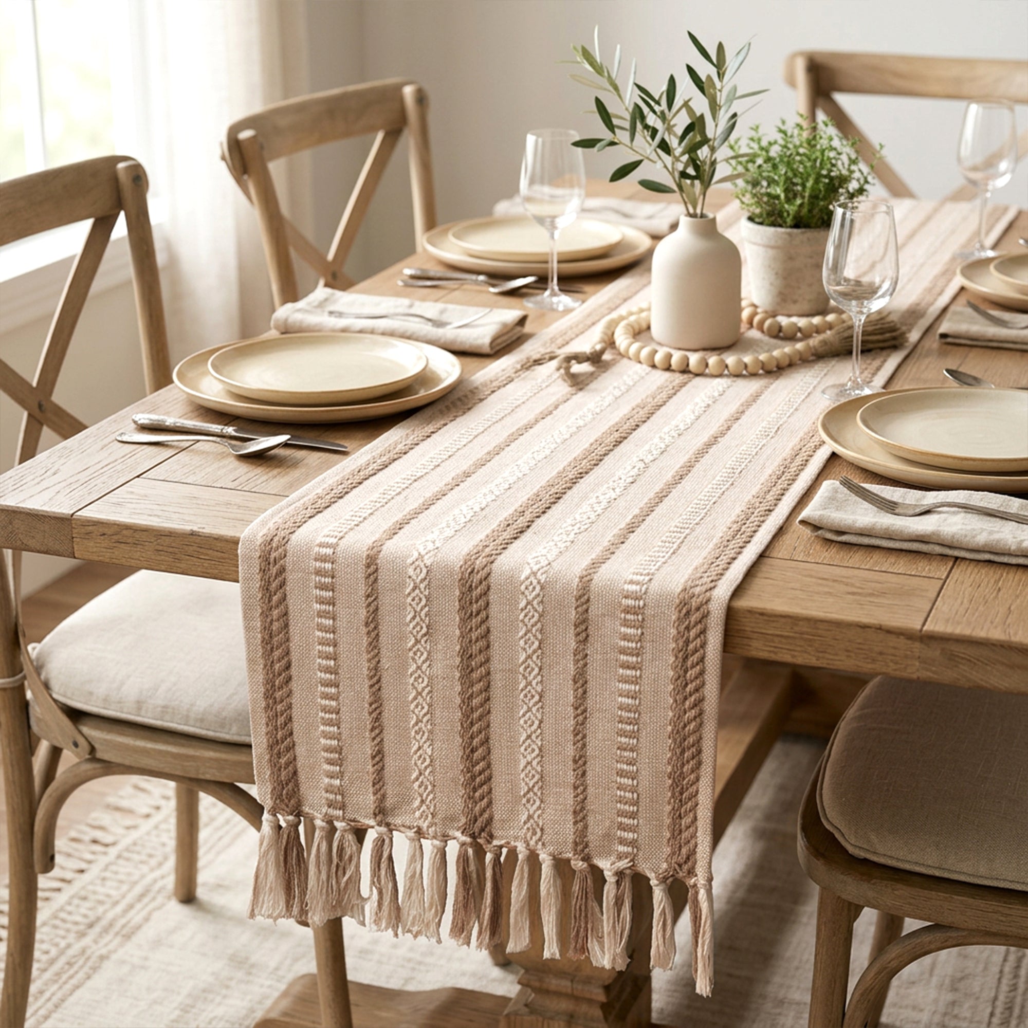 Cotton Jacquard Beige Table Runner (Pack of 1)
