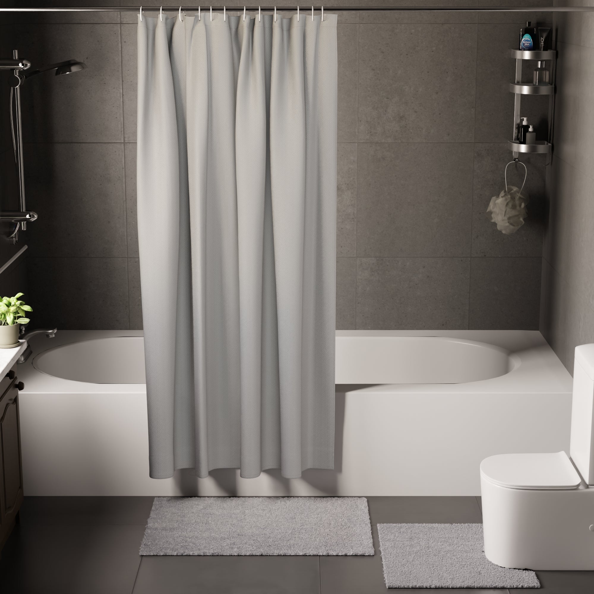 Polyester ZZ Light Grey Combo Shower Curtain + Bathmat (Pack of 3)