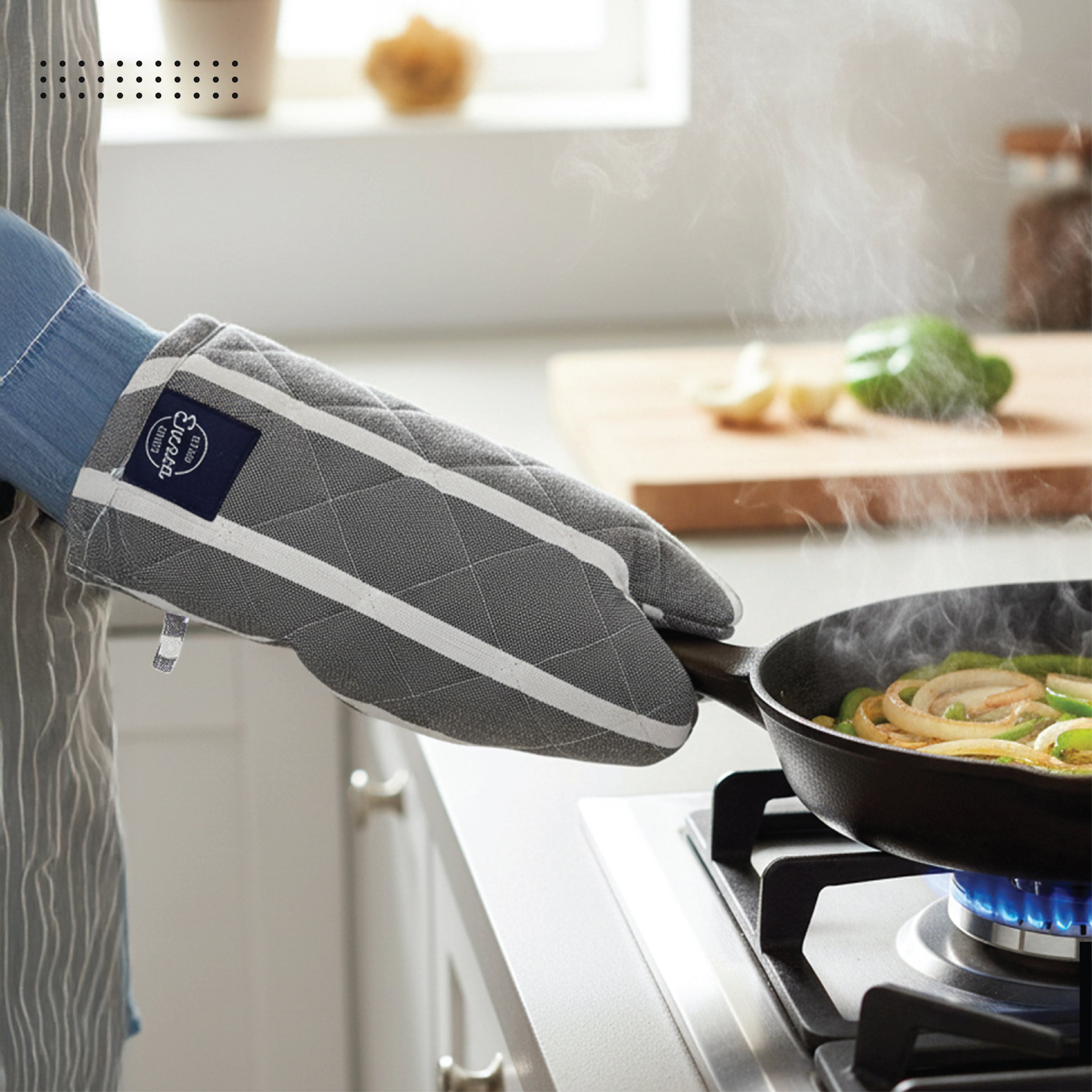 Cotton Roma Grey Stripes Apron + Oven Glove + Pot Holder (Pack of 3)