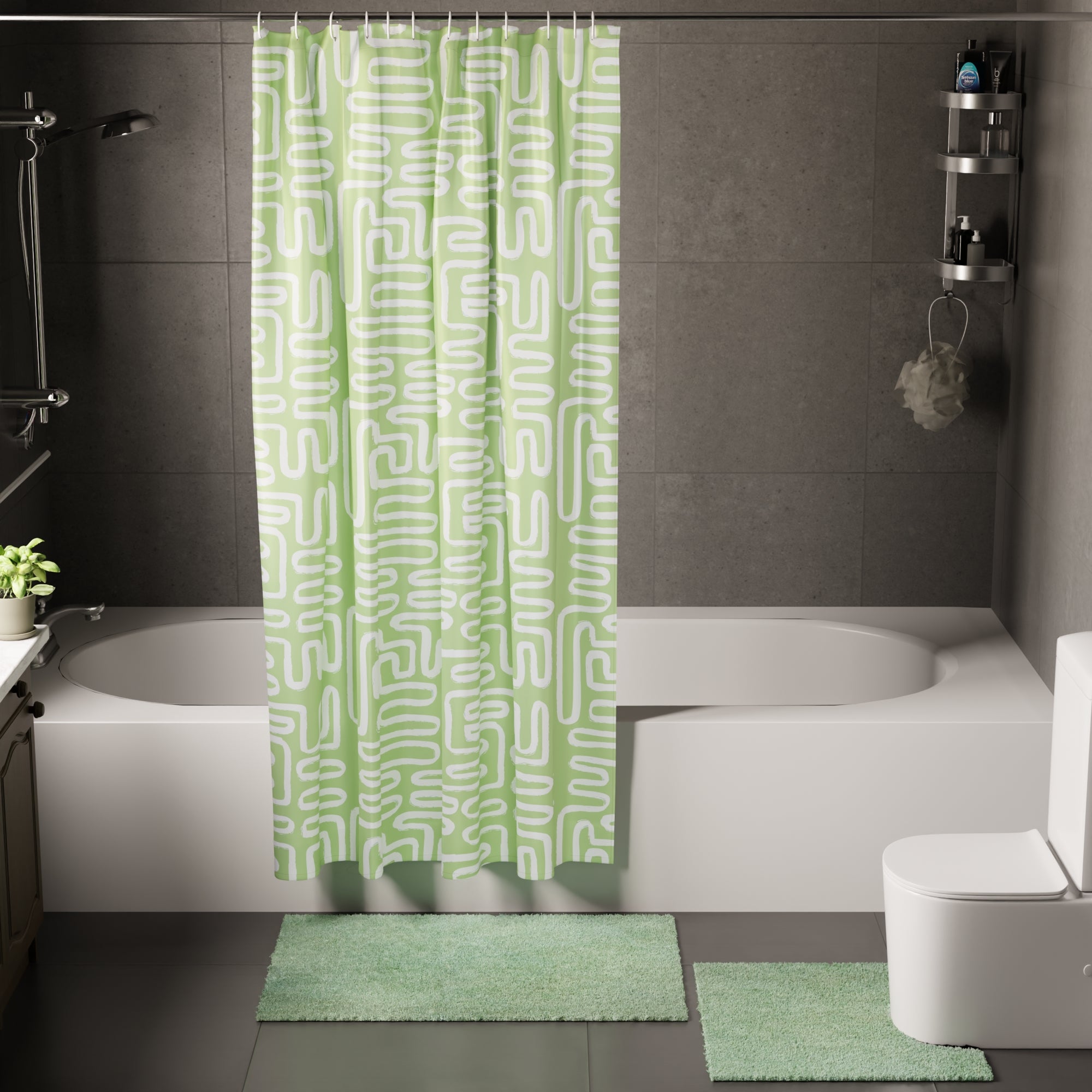 Polyester Maze Sage Combo Shower Curtain + Bathmat (Pack of 3)
